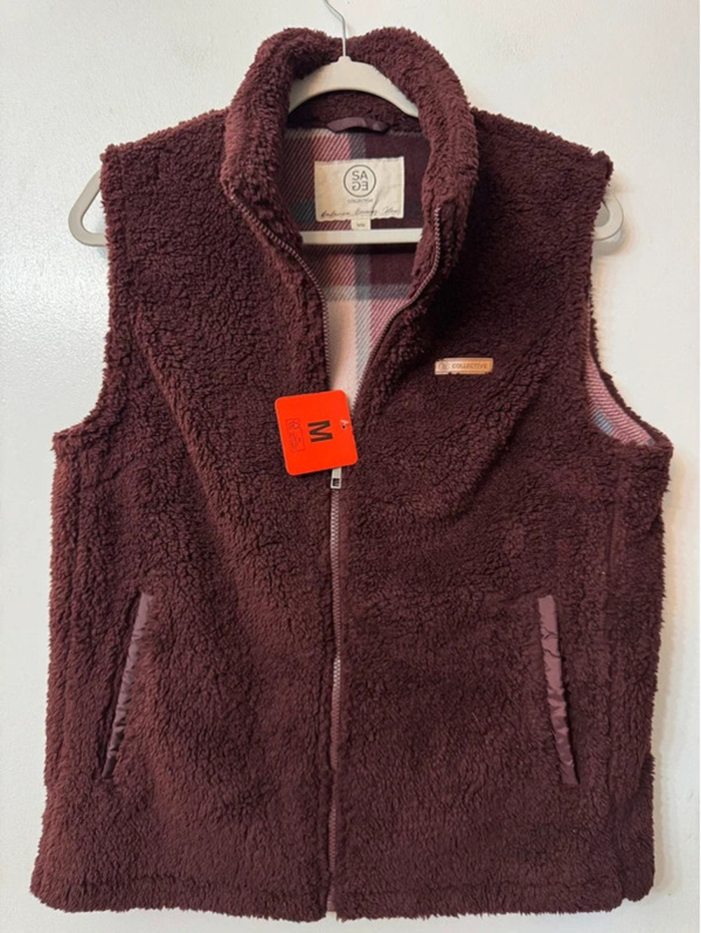 Sage Collective Burgundy Sherpa Fleece Vest Size M